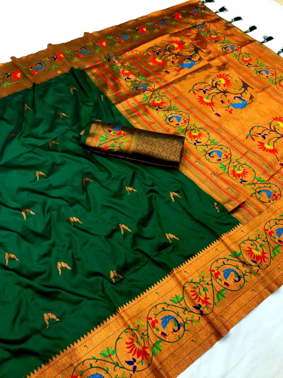 Dark Green color paithani silk saree for wedding 