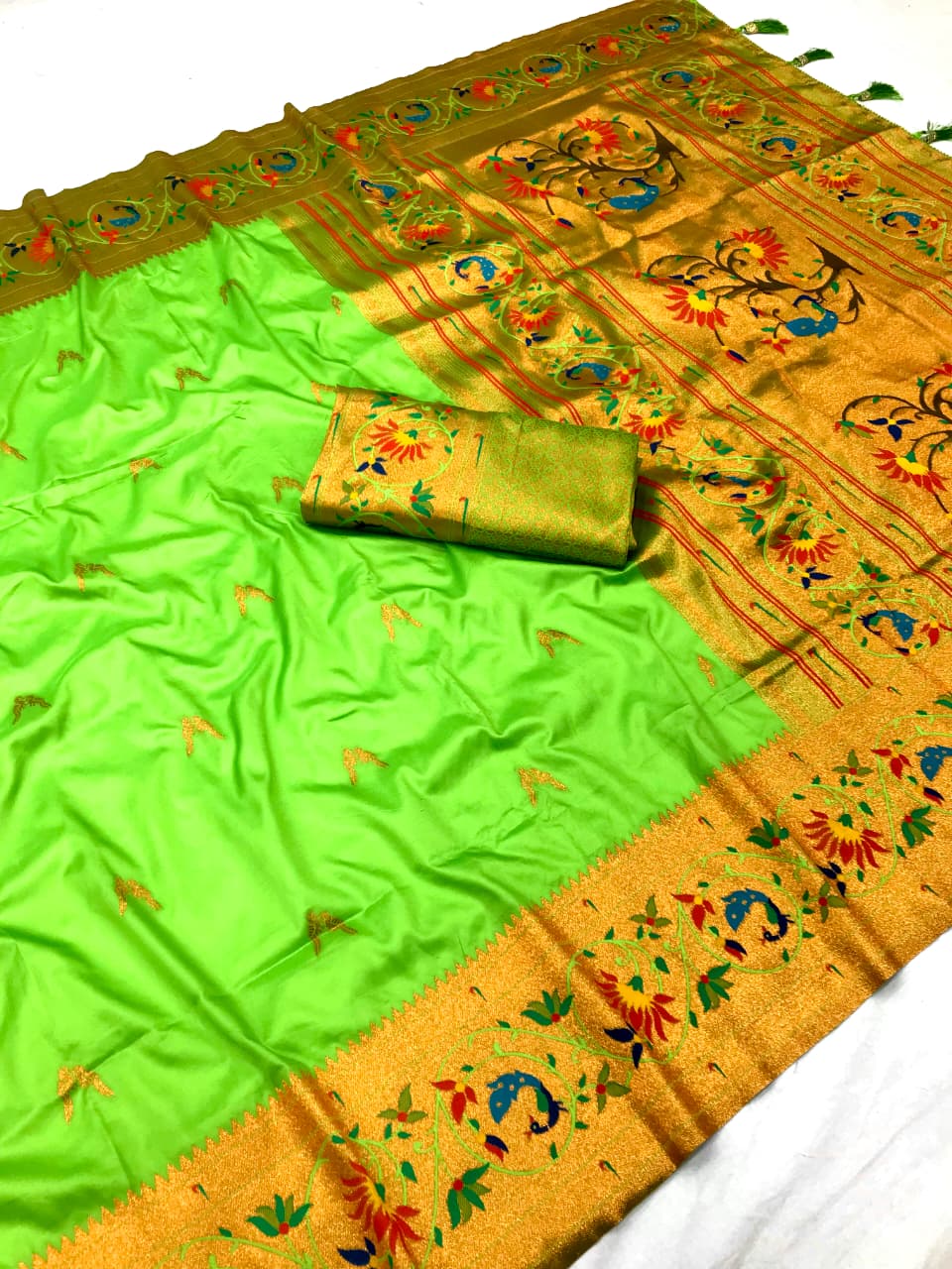 Parrot color paithani silk weaving saree 