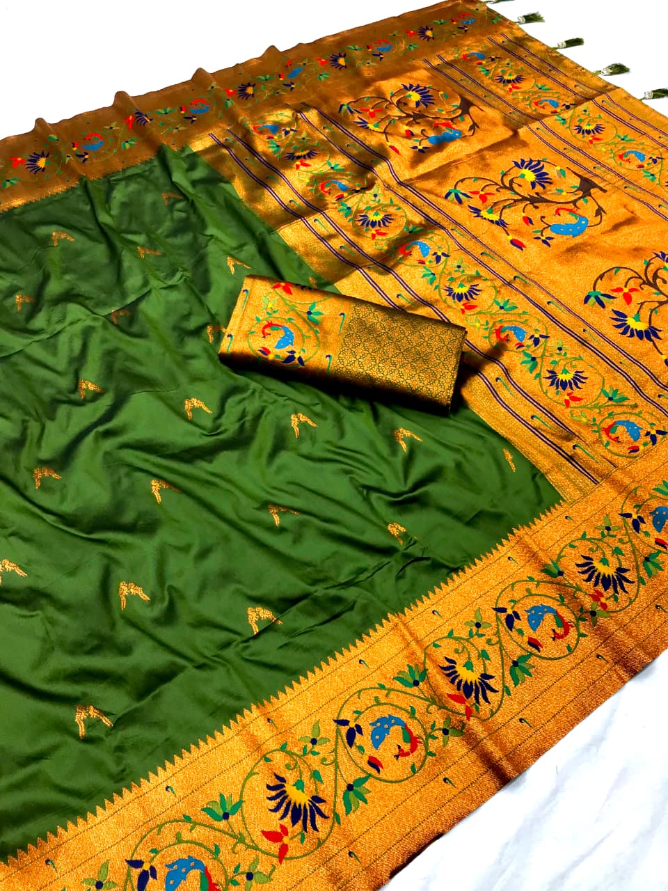 Mehendi color paithani silk saree for party