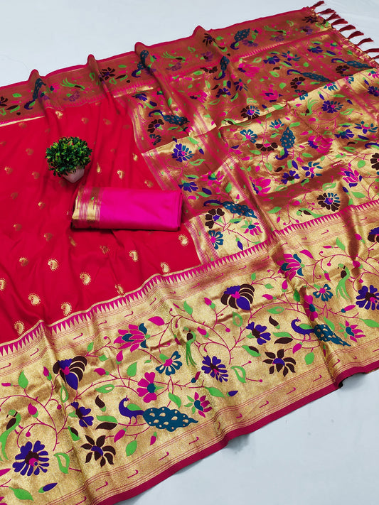 Red color paithani silk saree for women