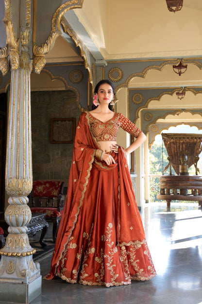 Rust color rangoli silk lehenga choli for women