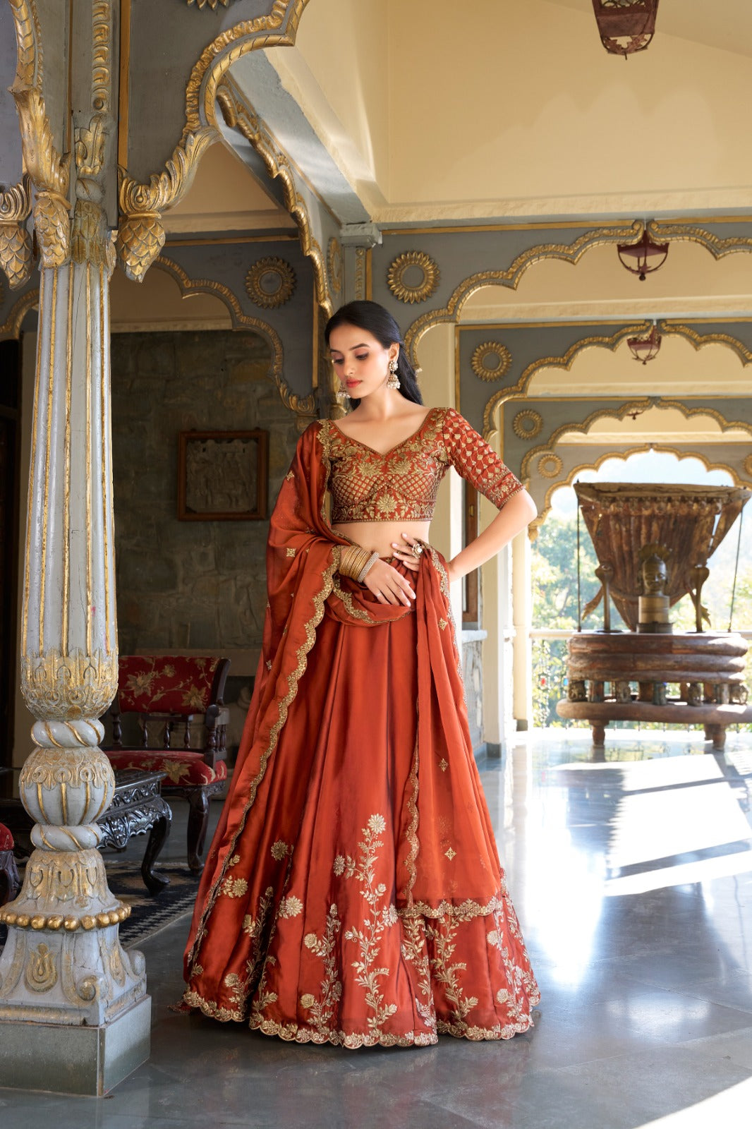 Rust color rangoli silk lehenga choli for wedding