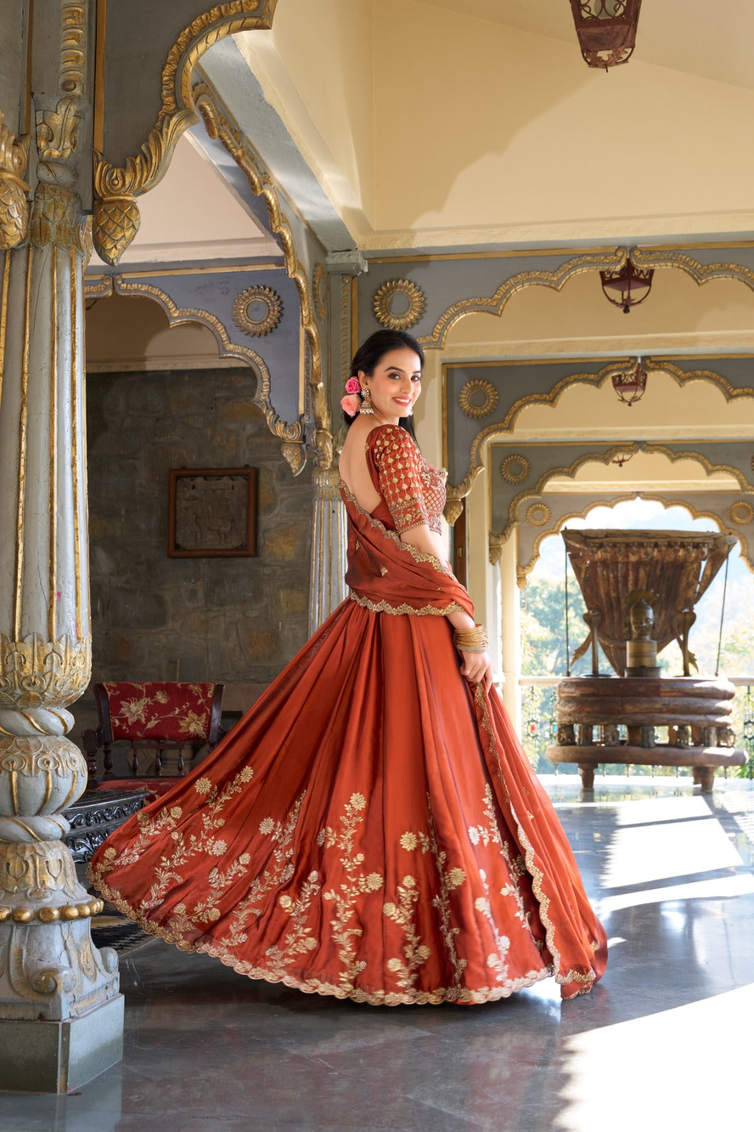 Rust color rangoli silk lehenga choli for wedding