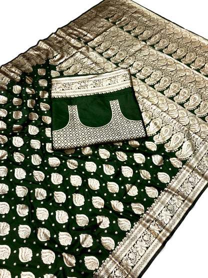Green color banarasi silk saree with blouse images
