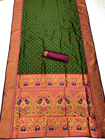 Mehendi color paithani silk saree with blouse online