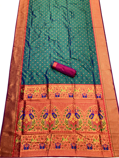 Teal color paithani silk saree with blouse images