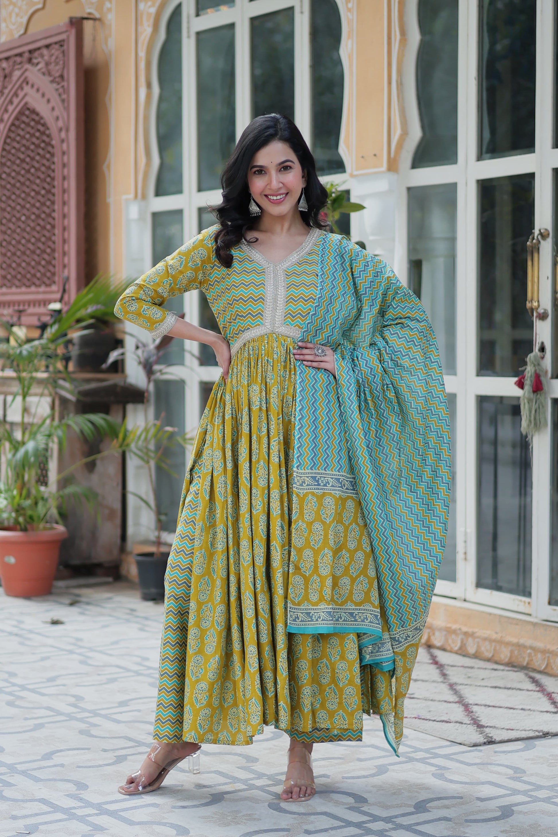 Green color cotton sharara suit with dupatta online