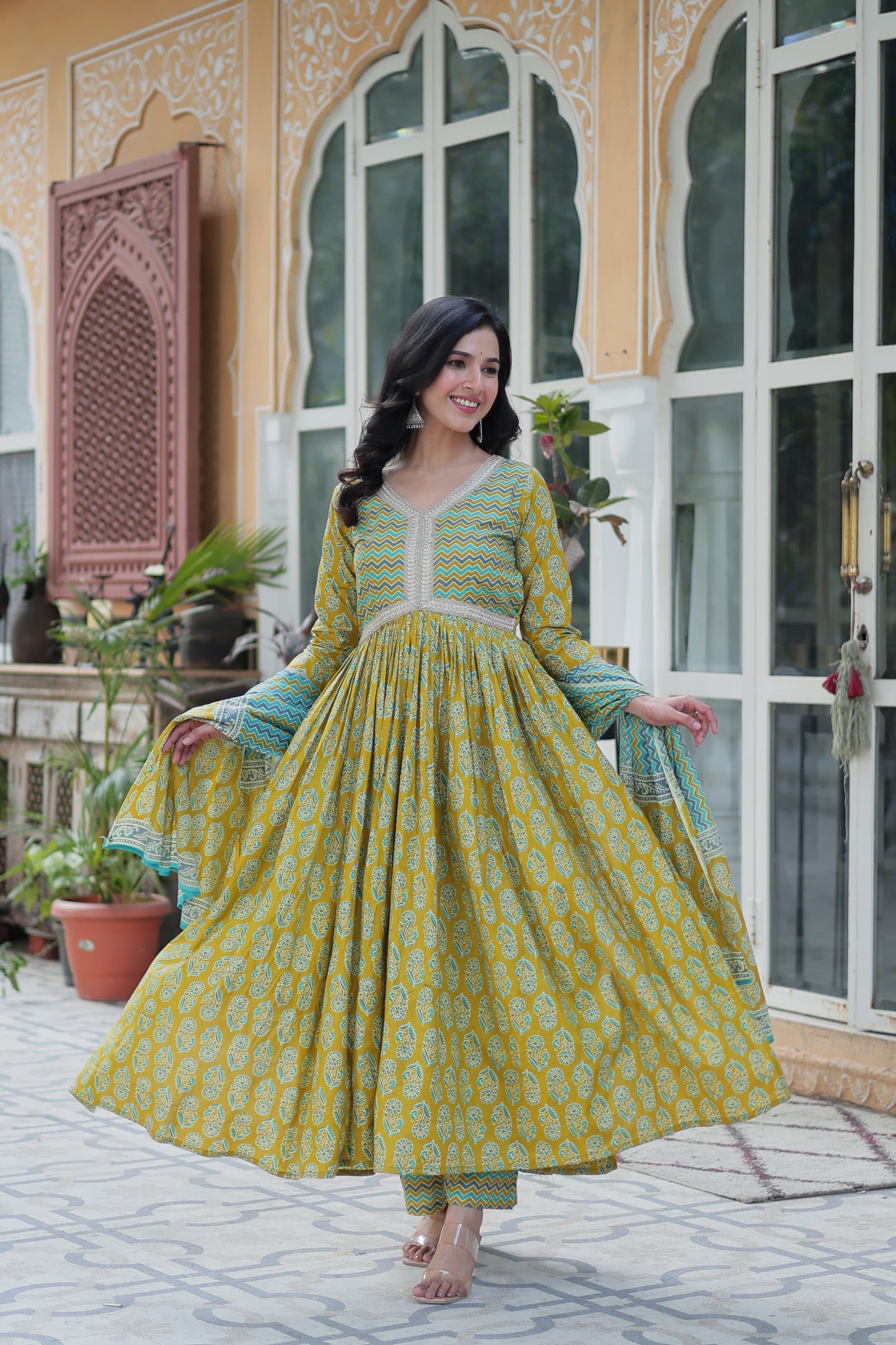 Green color cotton sharara suit with dupatta price