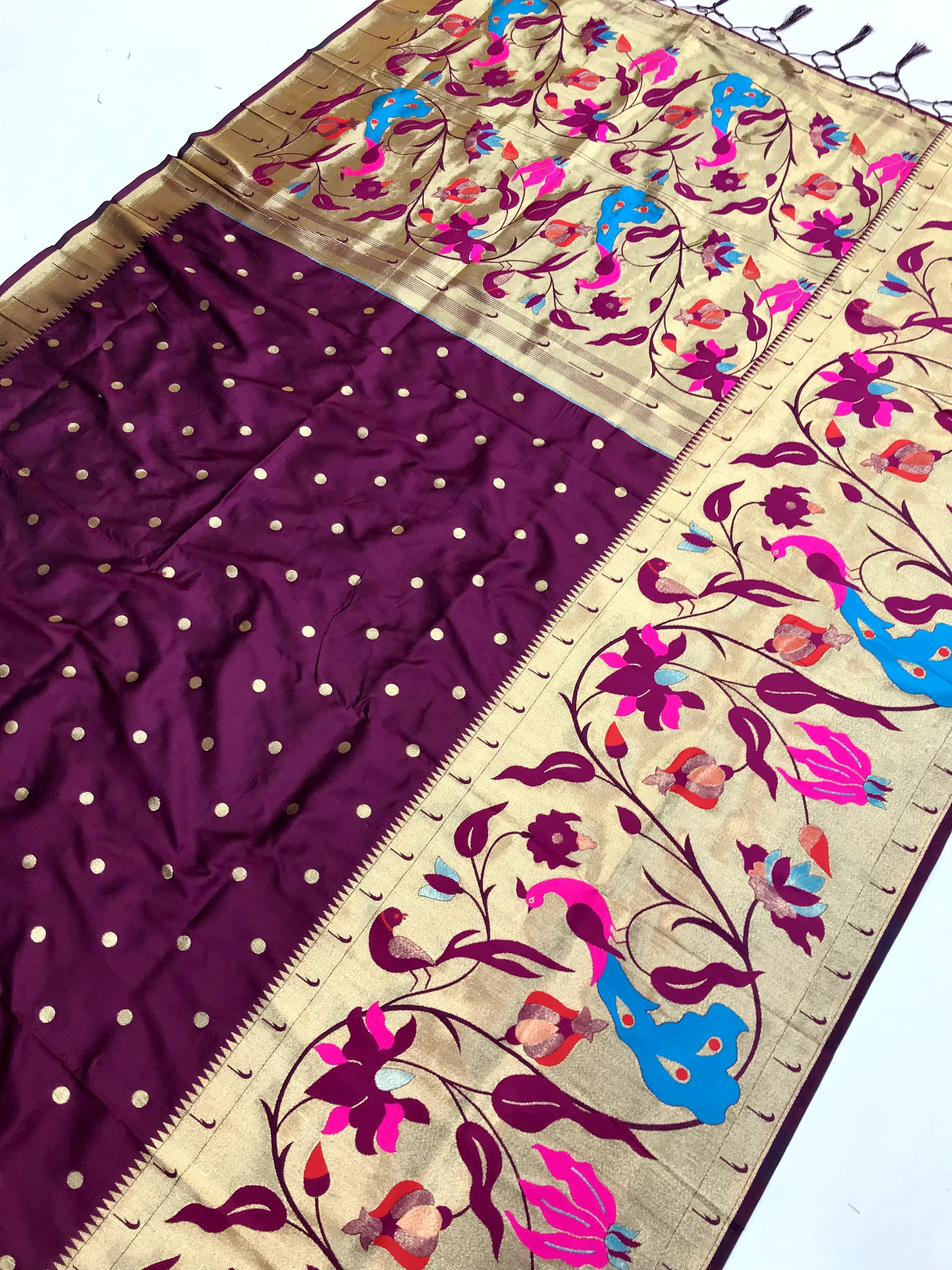 Wine color paithani silk saree for women