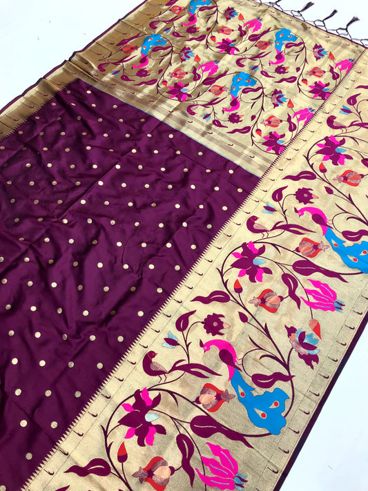 Wine color paithani silk saree for women