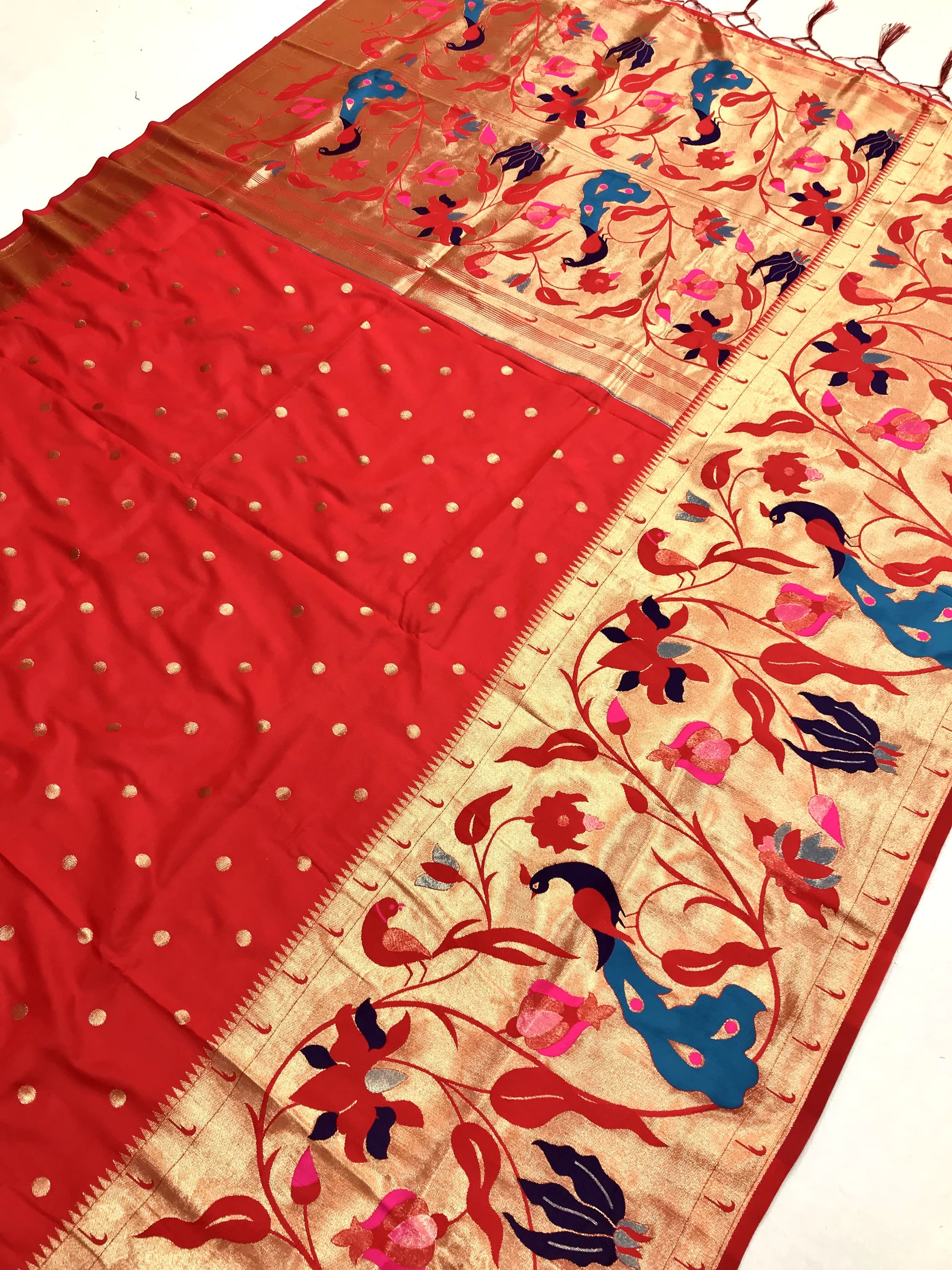 Red color paithani silk saree with blouse online shopping