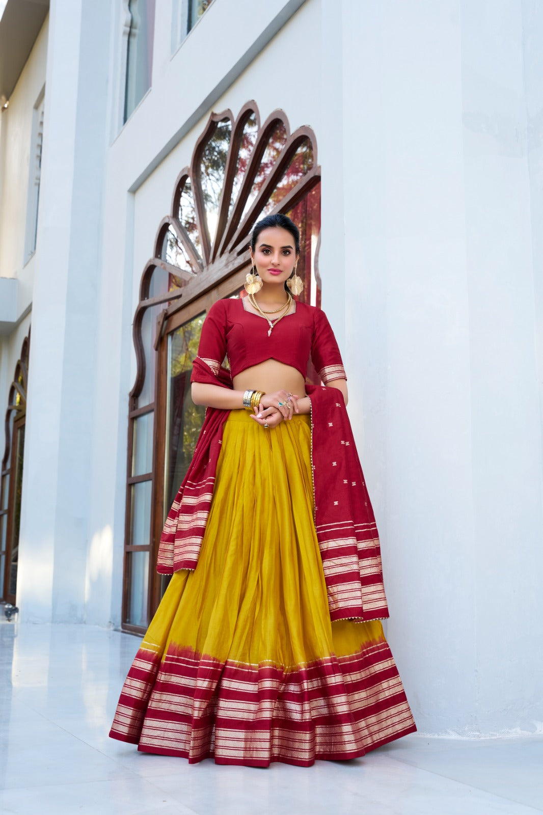 Presenting Yellow Color Zari Weaving Chanderi Party Lehenga Choli