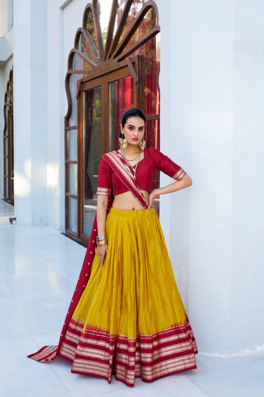 Presenting Yellow Color Zari Weaving Chanderi Party Lehenga Choli