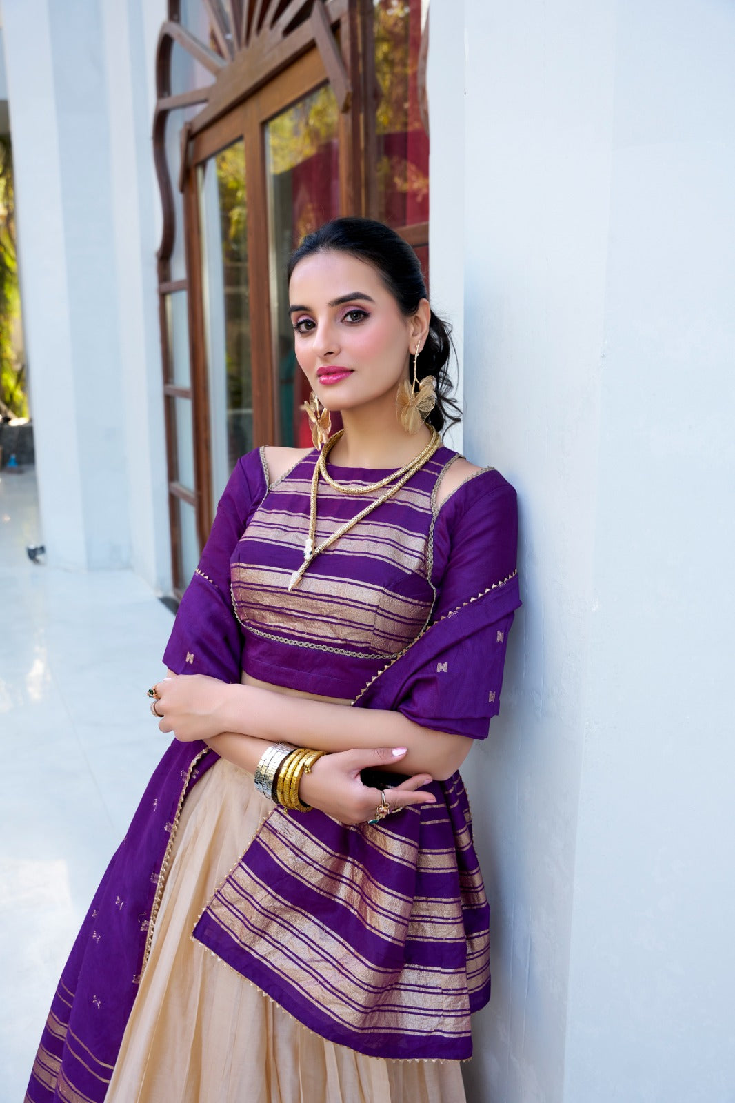 Purple color chanderi lehenga choli for women online