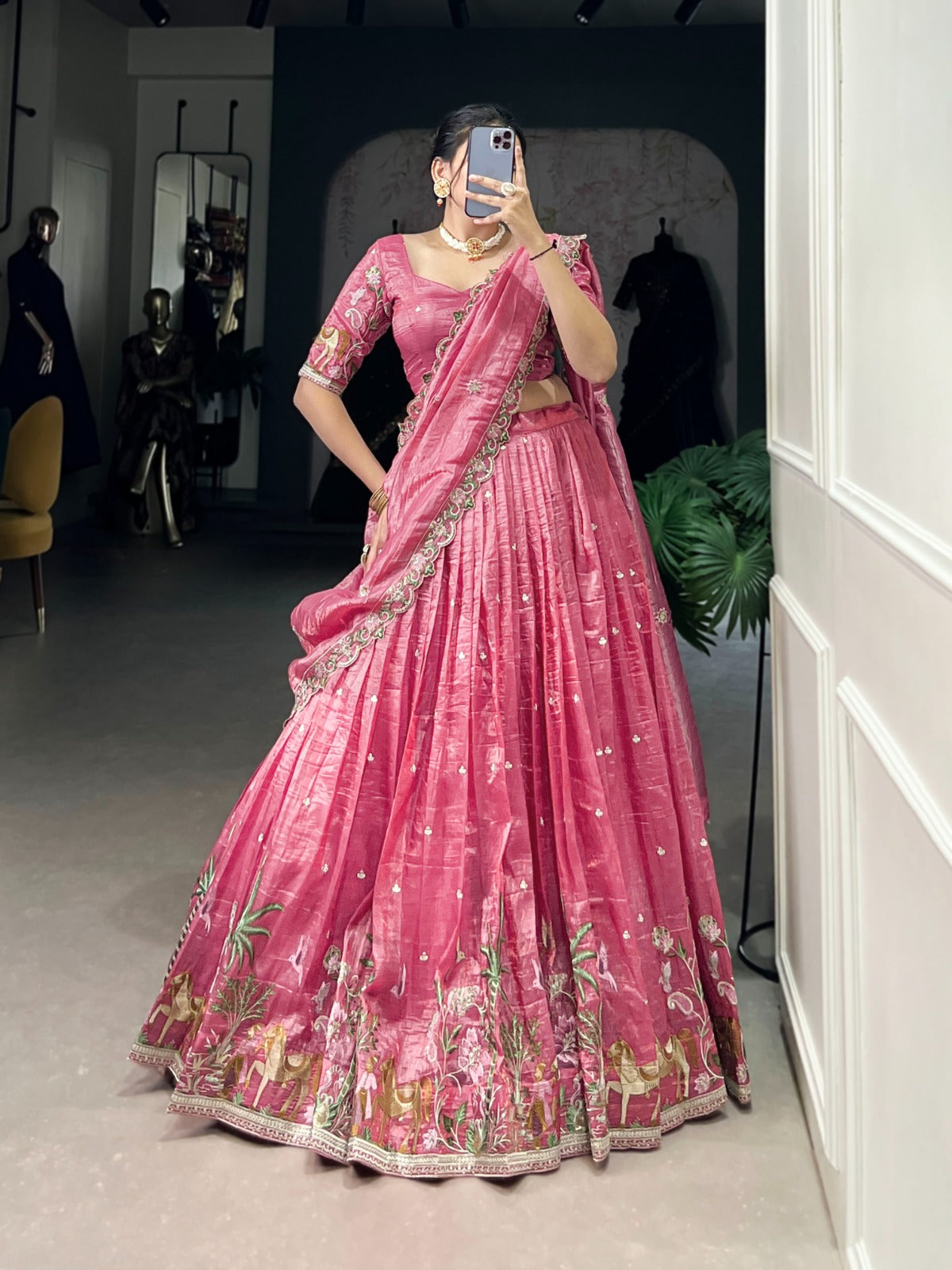 Pink color gold crush lehenga choli for women