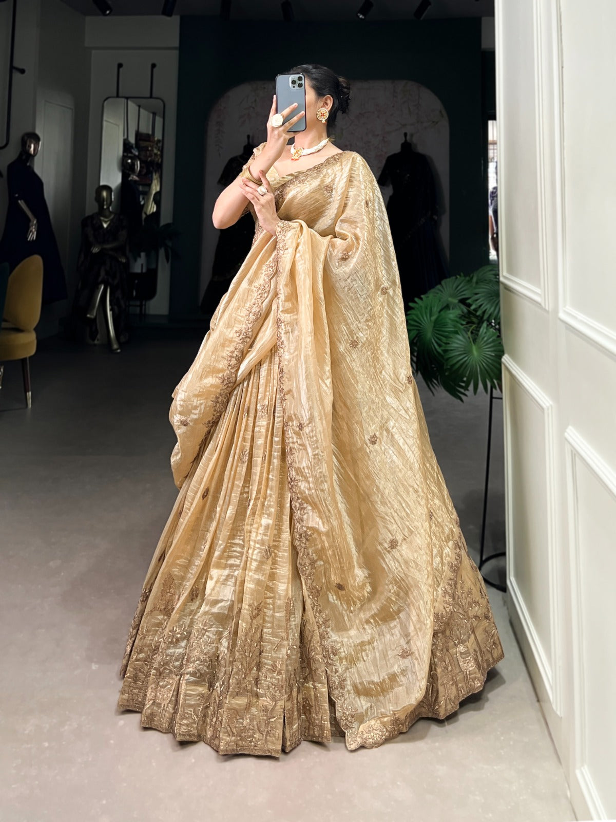 Off white color gold crush lehenga choli with blouse images