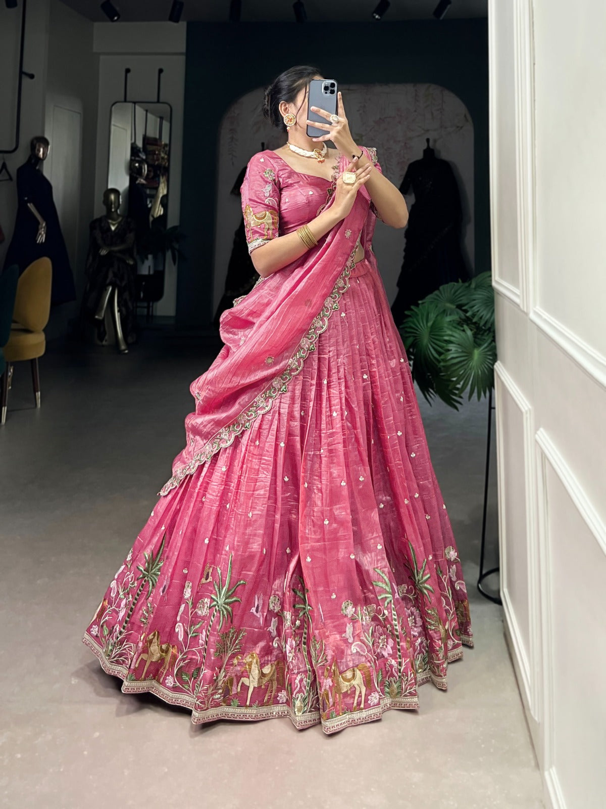 Pink color gold crush lehenga choli for wedding