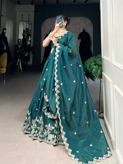 Teal green color gold crush lehenga choli for wedding
