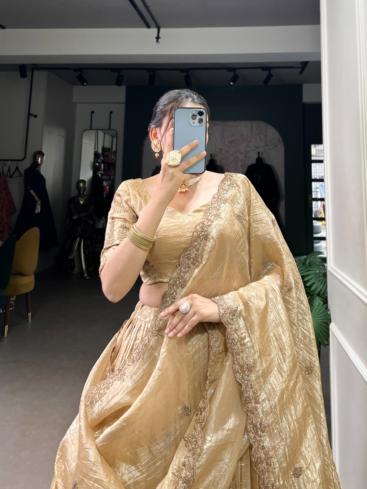 Off white color gold crush lehenga choli with blouse online
