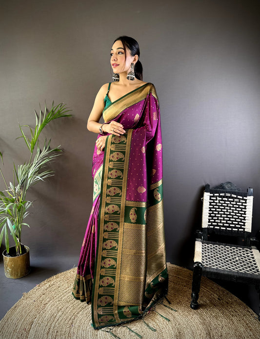 Wine color banarasi silk saree for women