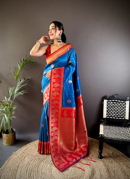 Teal blue color banarasi silk saree for women