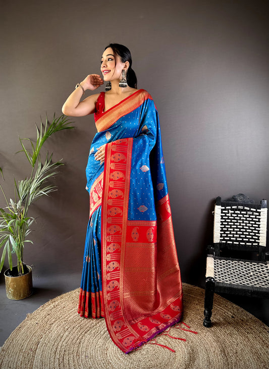 Teal blue color banarasi silk saree for women