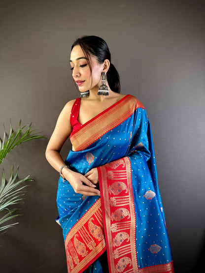 Teal blue color banarasi silk saree with blouse price
