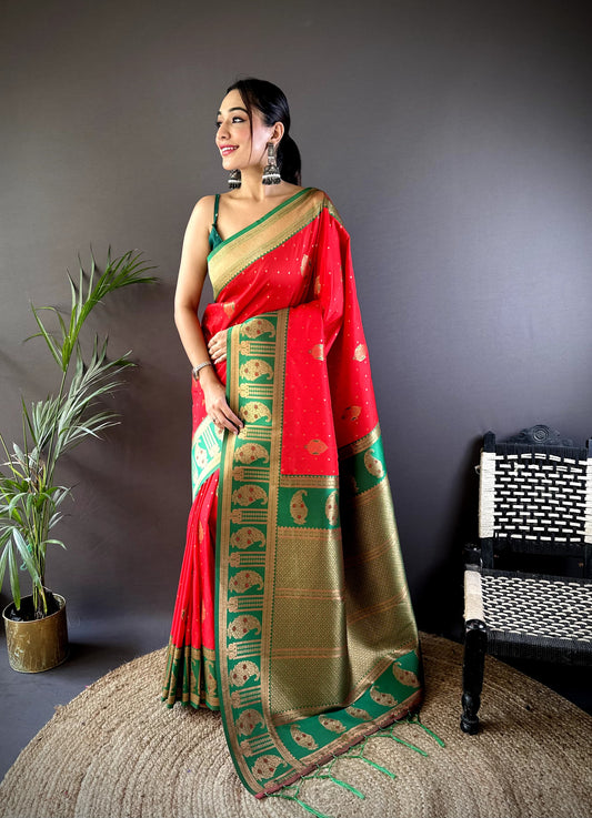 Red color banarasi silk saree for women