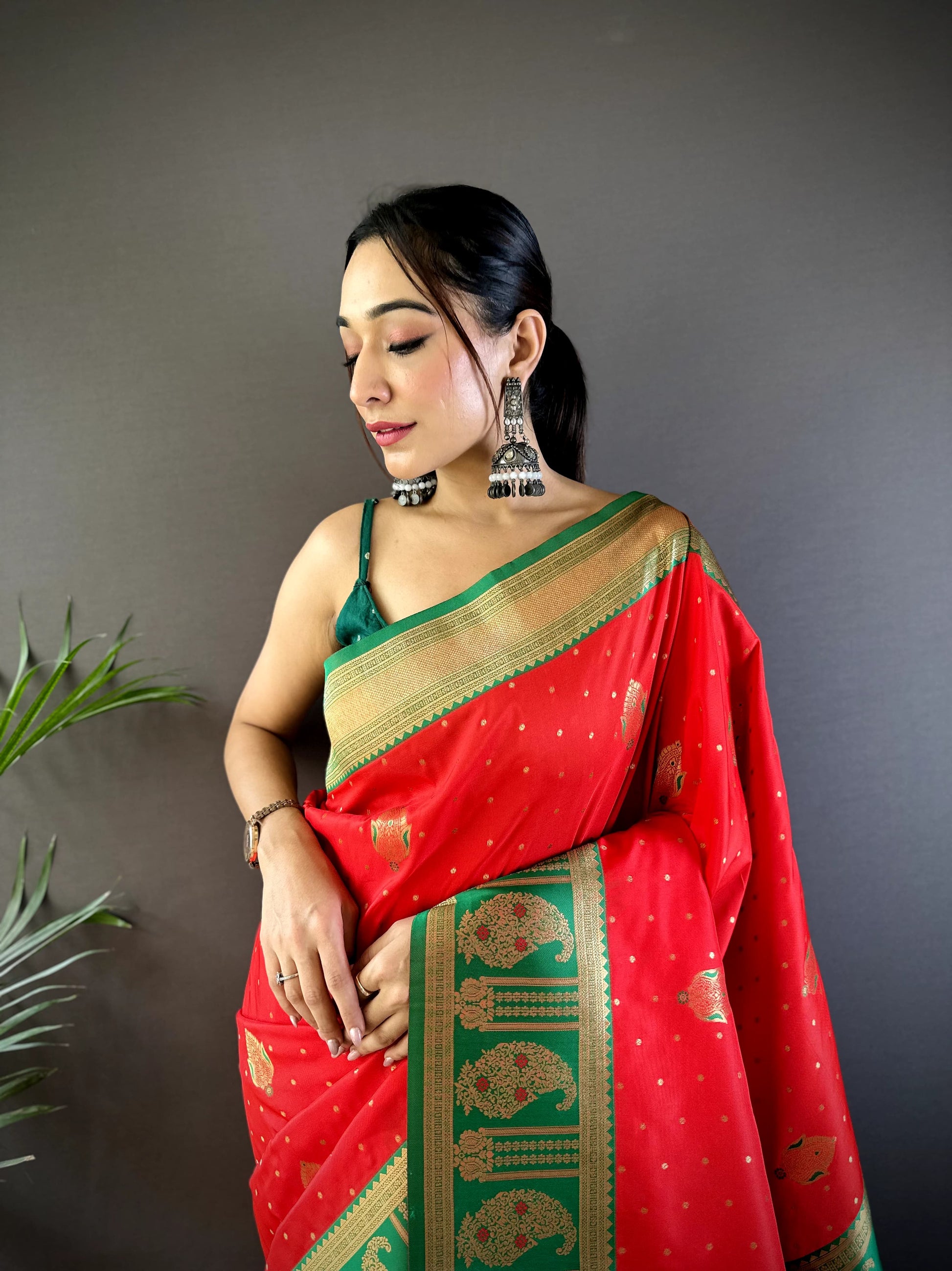 Red color banarasi silk saree with blouse images