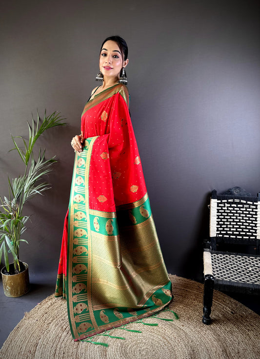 Red color banarasi silk saree for wedding