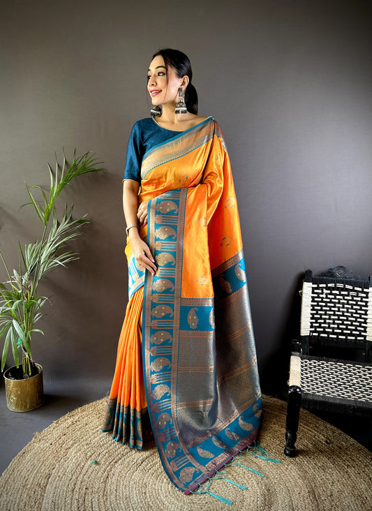 Yellow color banarasi silk saree for haldi