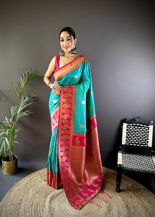 Rama color banarasi silk saree for women