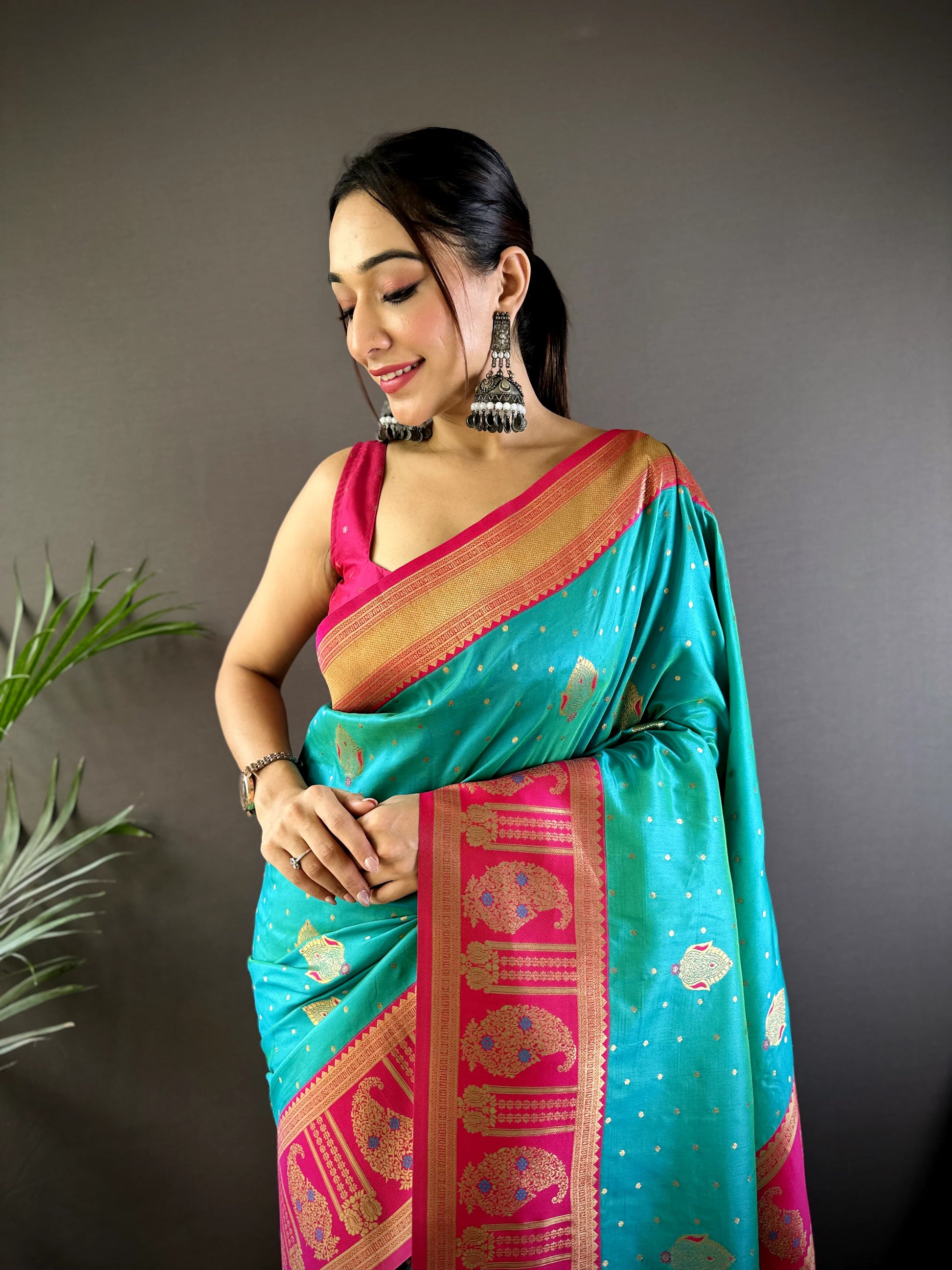 Rama color banarasi silk saree with blouse price