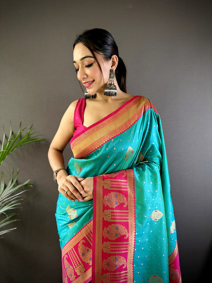 Rama color banarasi silk saree with blouse price