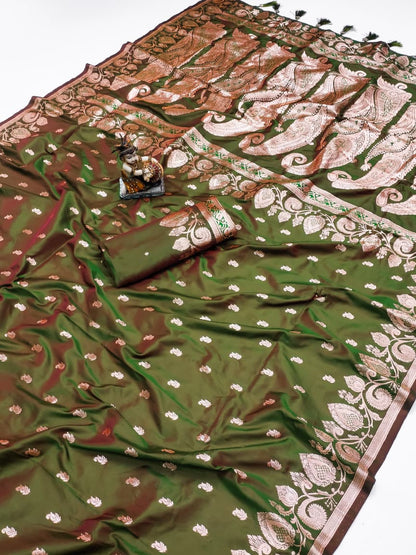Mehendi color banarasi silk saree for women online