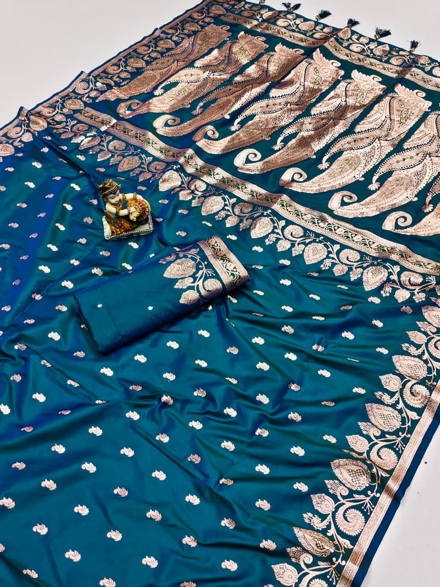 Teal color banarasi silk saree with blouse