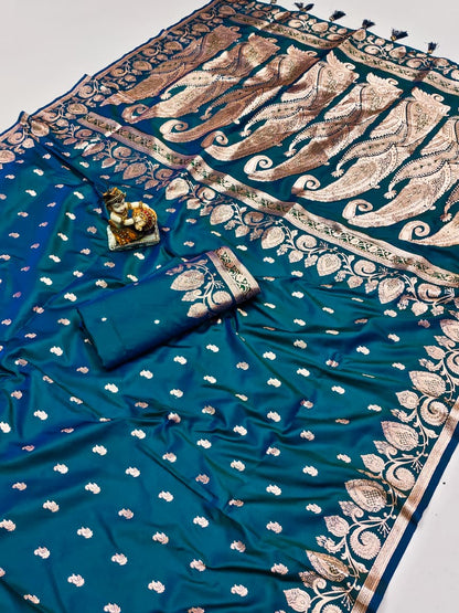 Teal color banarasi silk saree with blouse