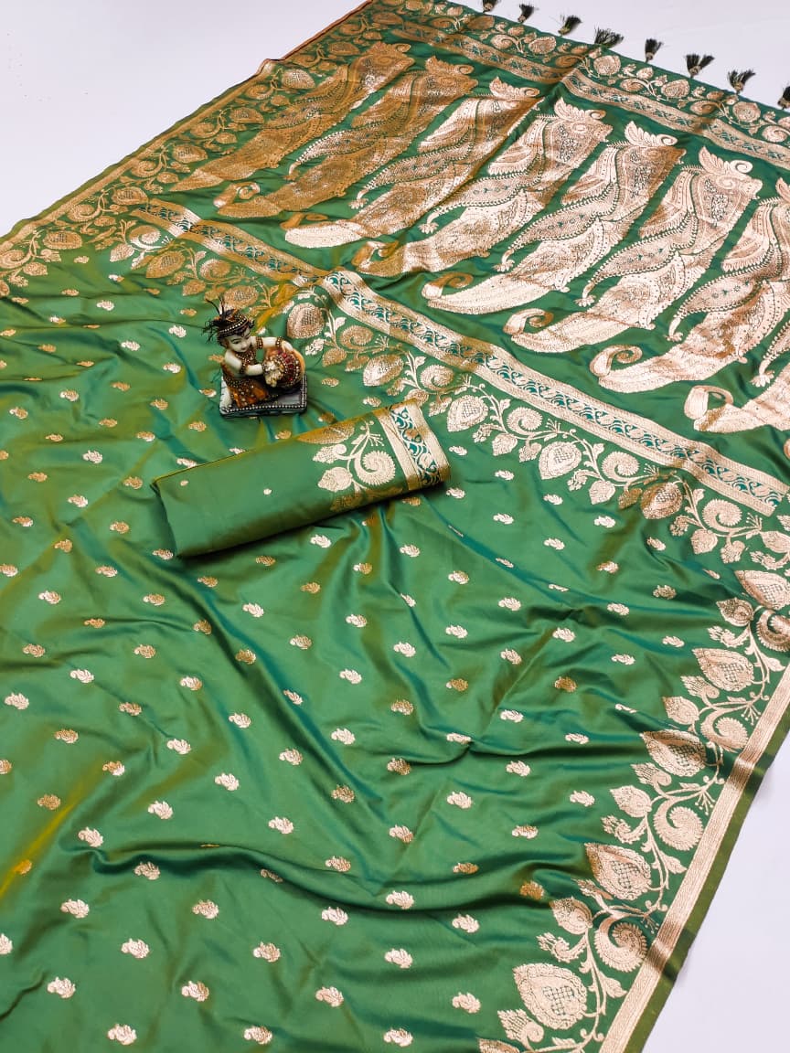 Green color banarasi silk saree for women price