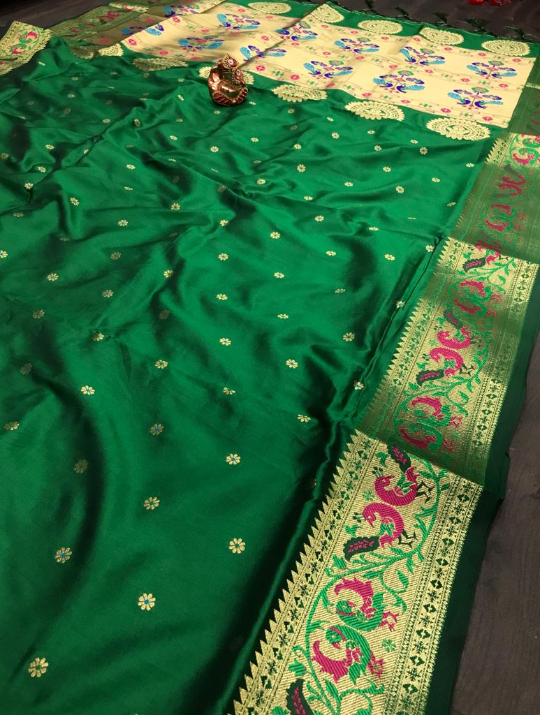 Green color banarasi silk saree for party