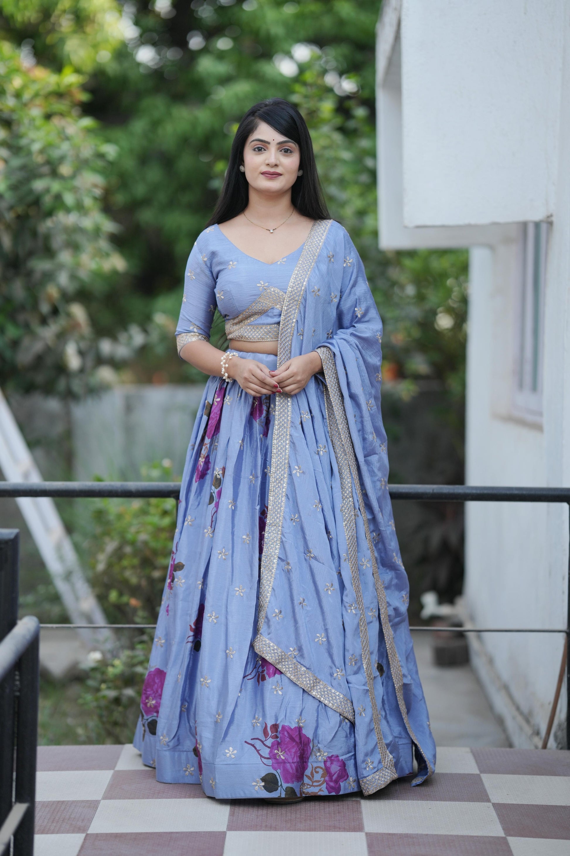 Firozi color chinon lehenga choli for women