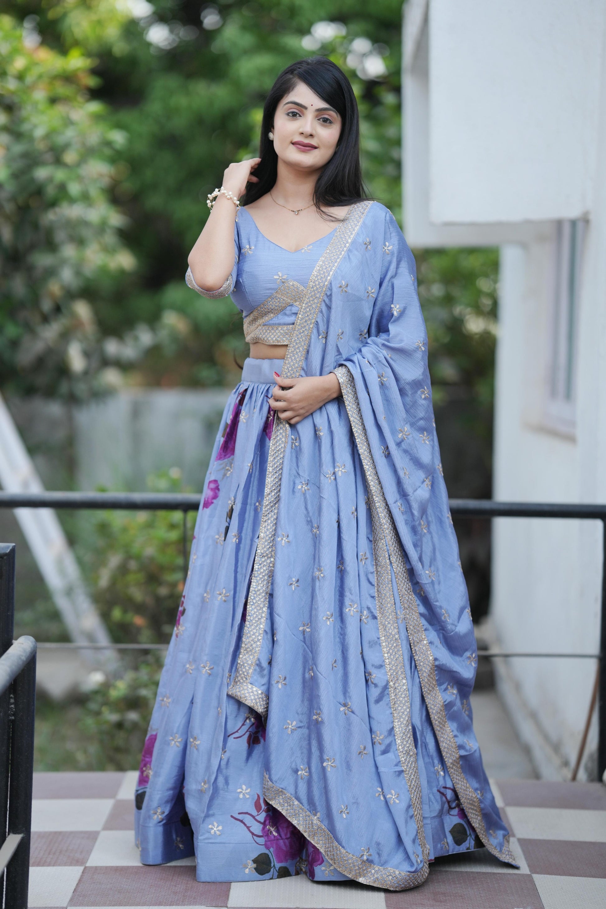 Firozi color chinon lehenga choli with dupatta