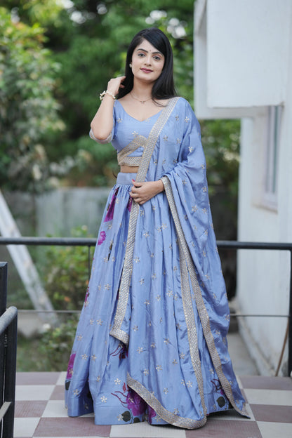 Firozi color chinon lehenga choli with dupatta