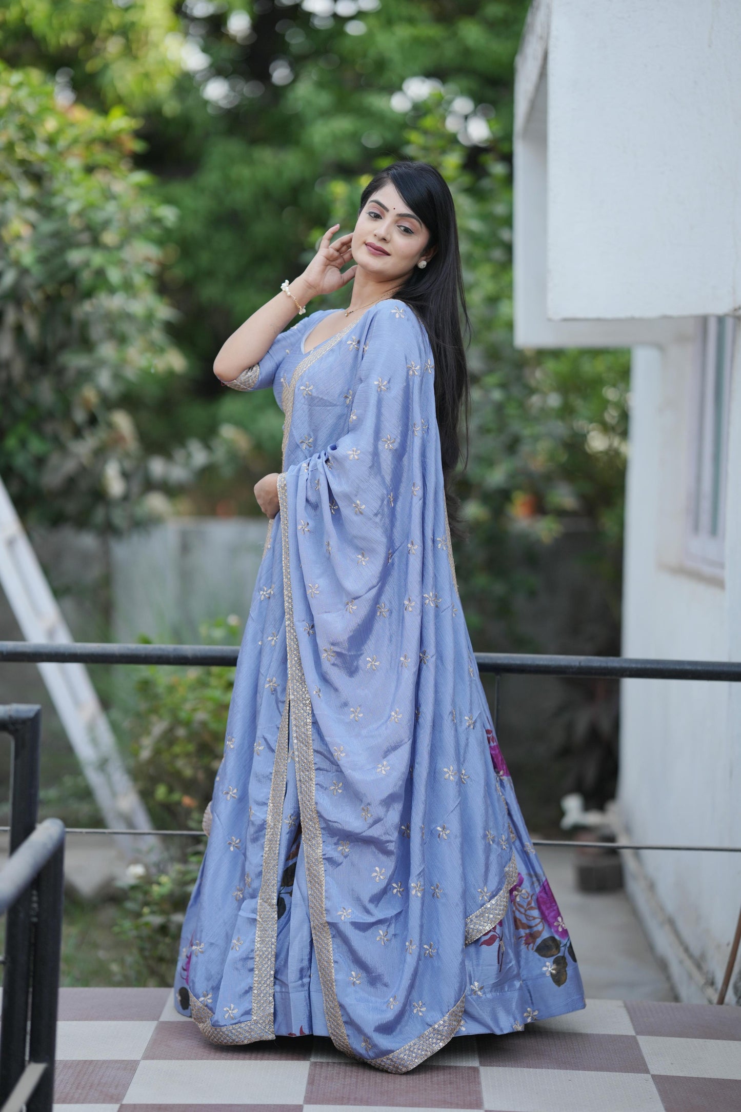 Firozi color chinon lehenga choli with dupatta online