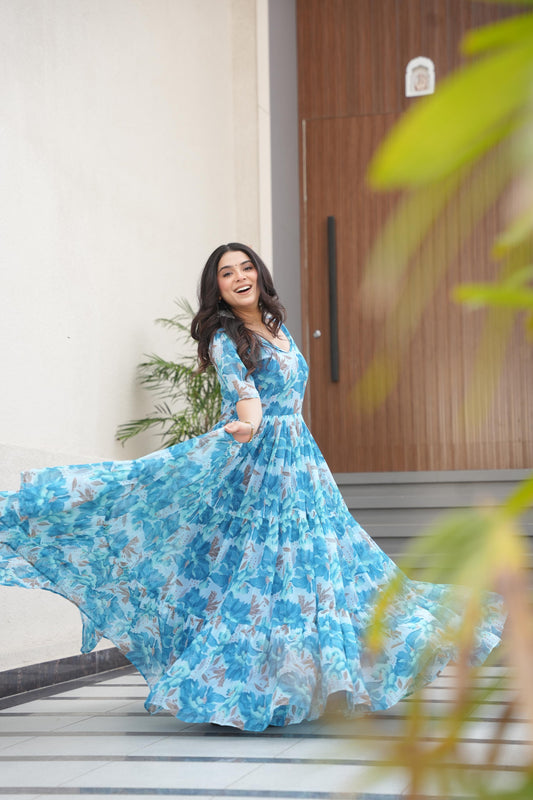 Sky color georgette long gown for women