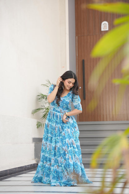 Sky color georgette long gown images