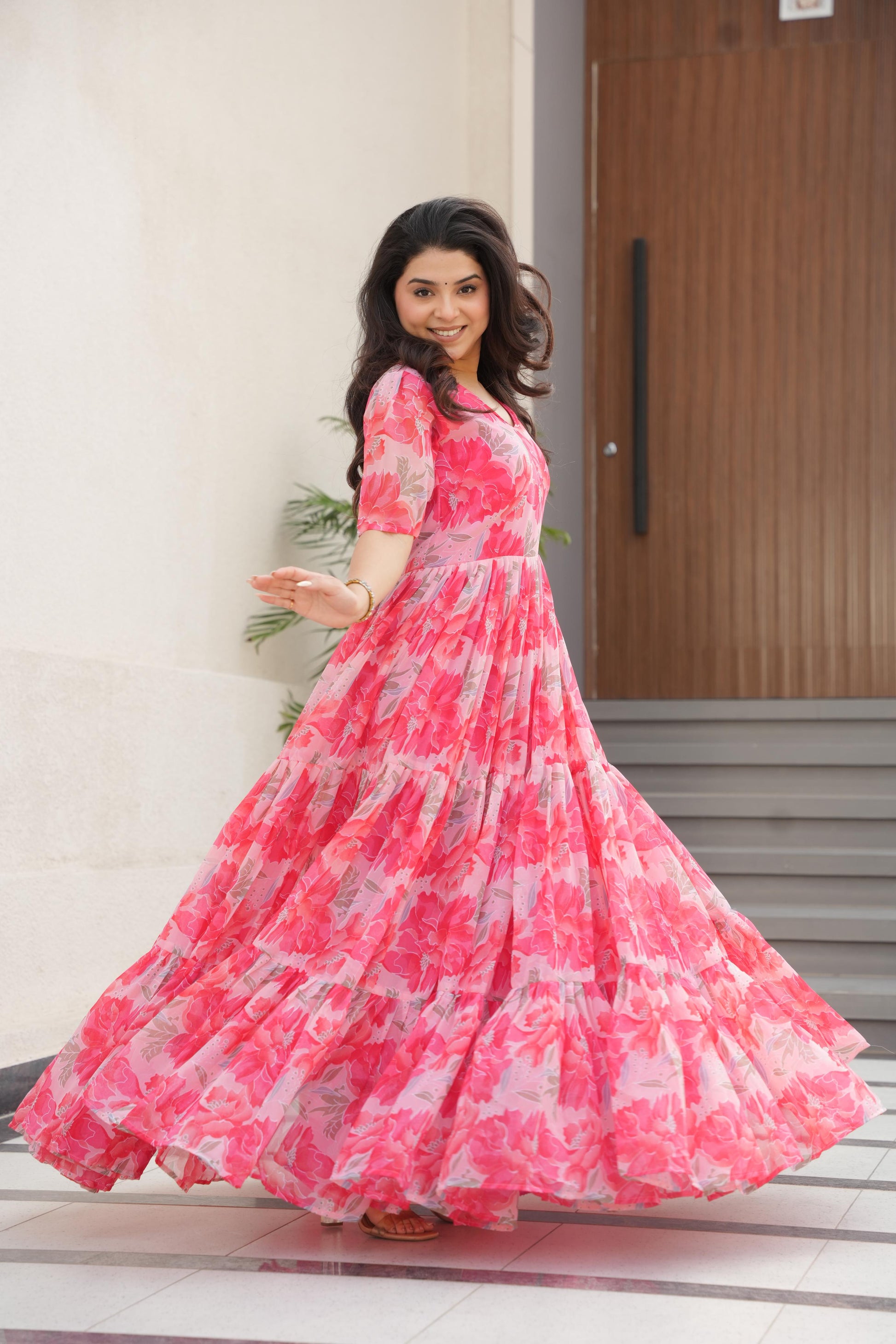 Peach color georgette gown for women price