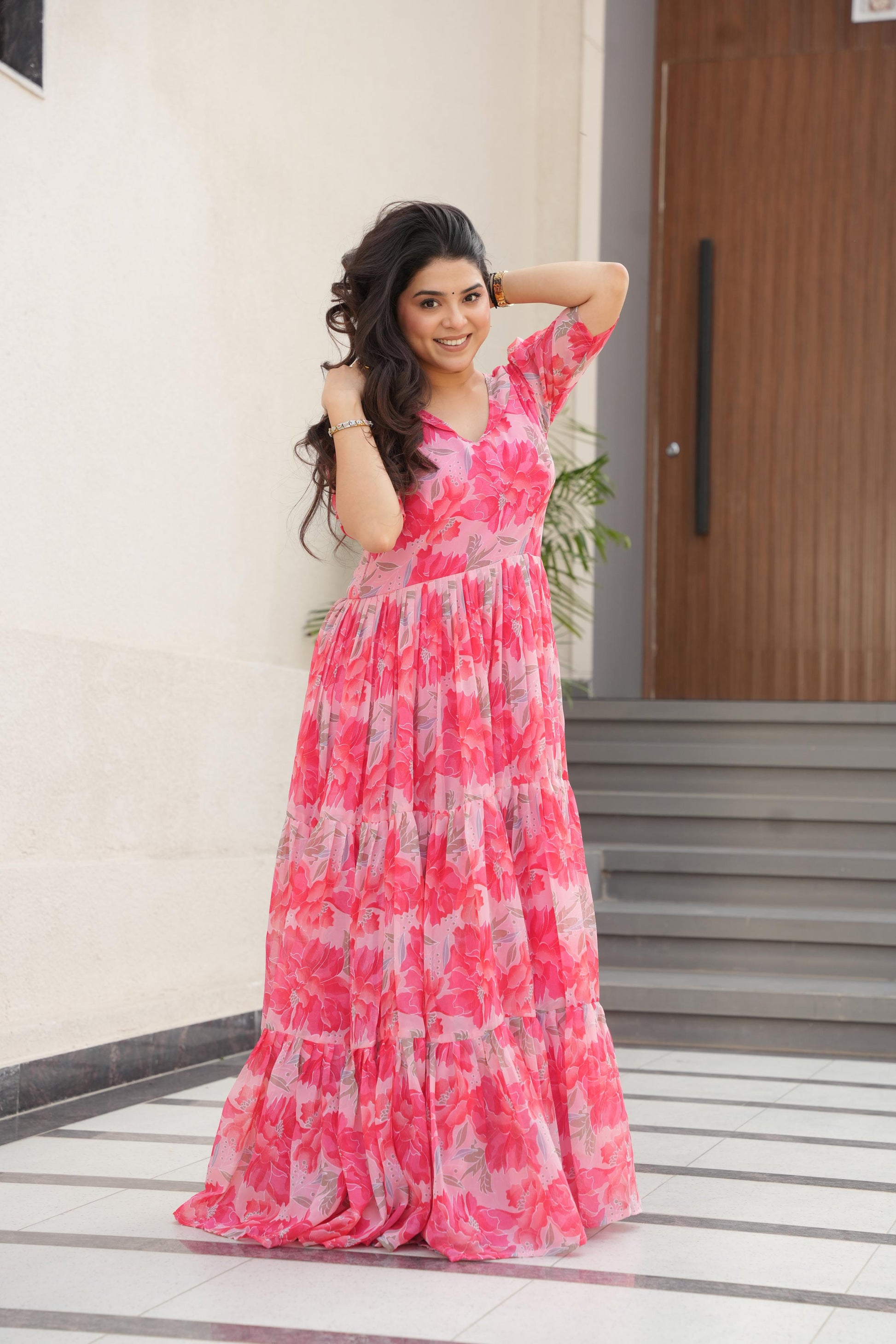 Peach color georgette gown for party