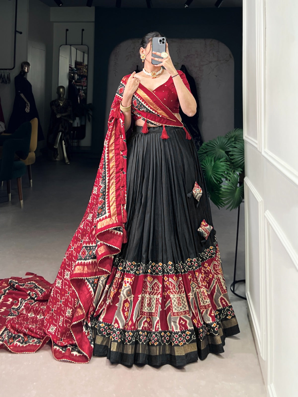 Black color tussar silk lehenga choli for women