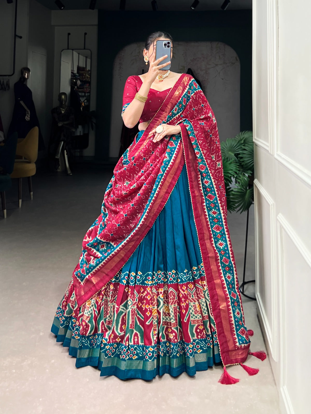 Teal color tussar silk lehenga choli for women