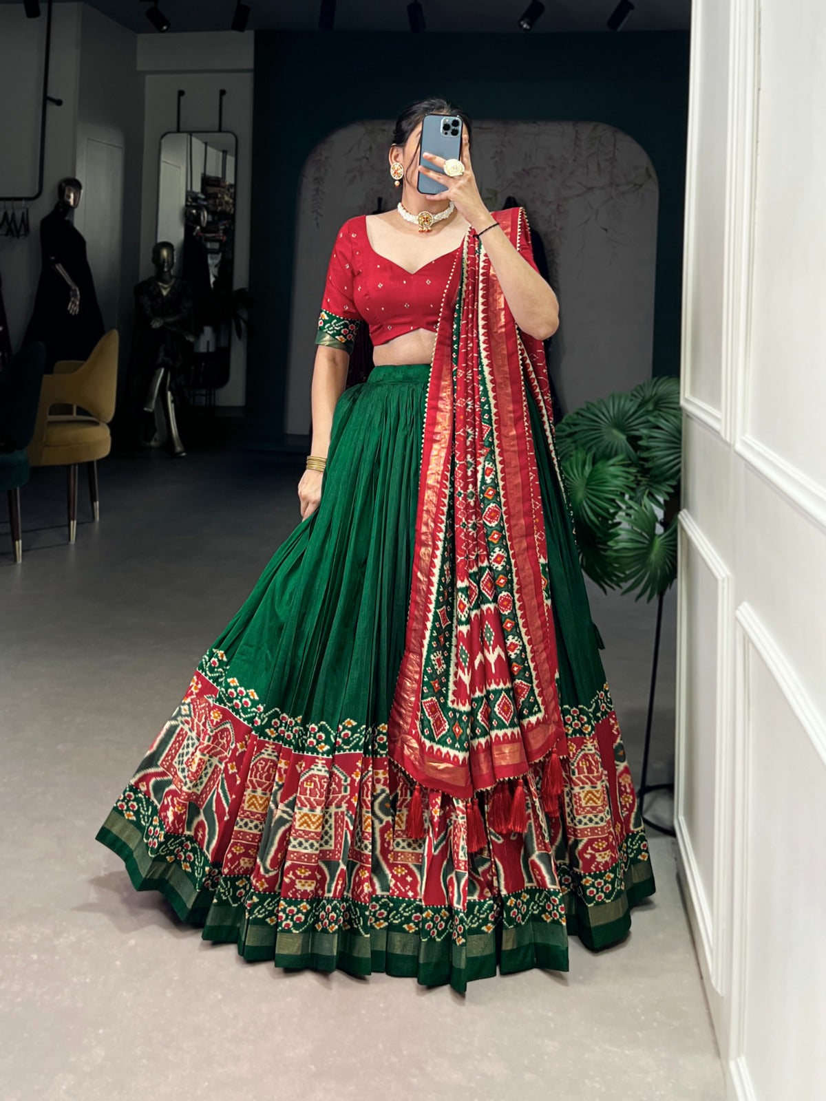 green color tussar silk lehenga choli for women